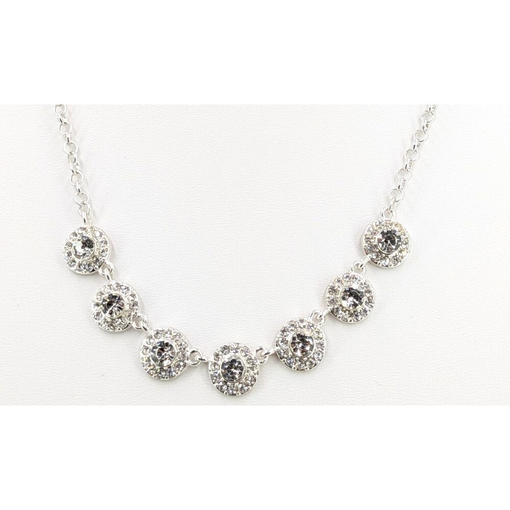 Rhinestone Necklace Silver Tone Round Crystal Halo Stations Chain 21 Inch Bold